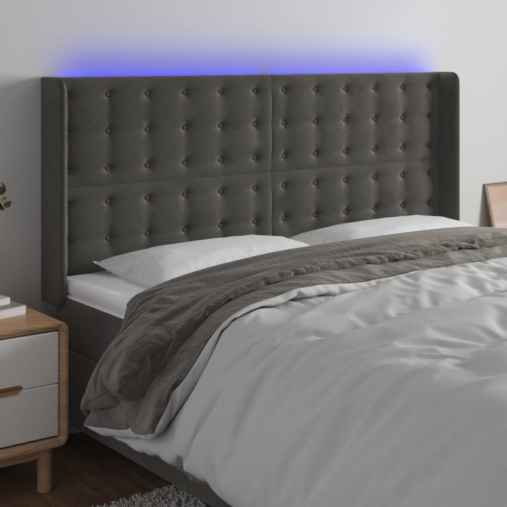 vidaXL Zagłówek do łóżka z LED, ciemnoszary, 203x16x118/128cm, aksamit