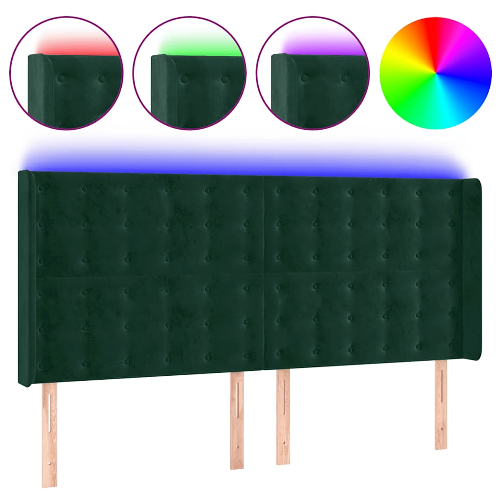 vidaXL Zagłówek do łóżka z LED, ciemnozielony 203x16x118/128cm aksamit
