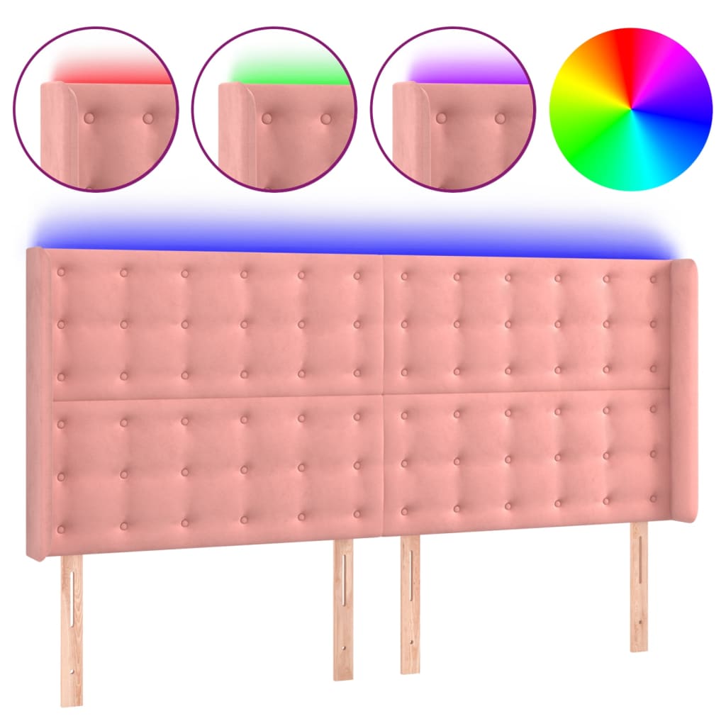vidaXL Zagłówek do łóżka z LED, różowy, 203x16x118/128 cm, aksamit