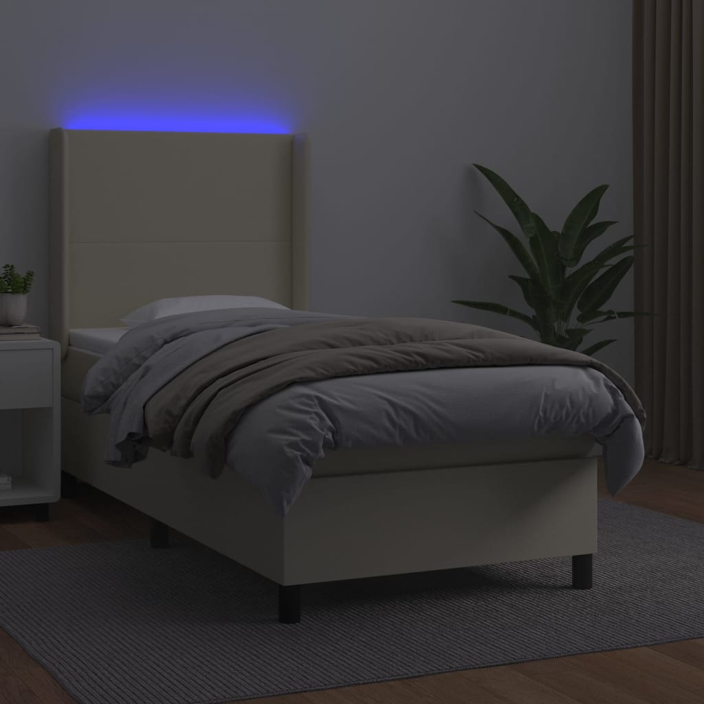 vidaXL Łóżko kontynentalne z LED, materac, kremowe, ekoskóra 80x200 cm