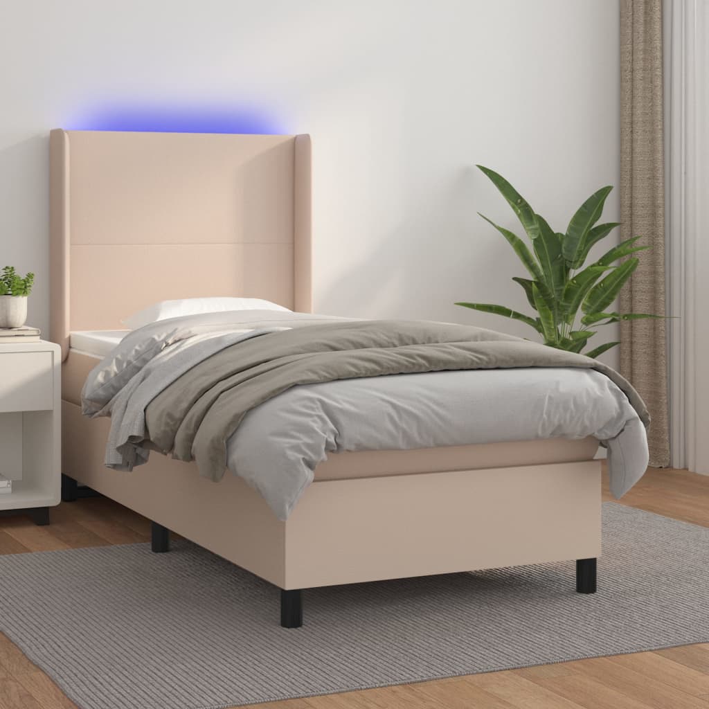 vidaXL Łóżko kontynentalne, materac i LED cappuccino ekoskóra 80x200cm