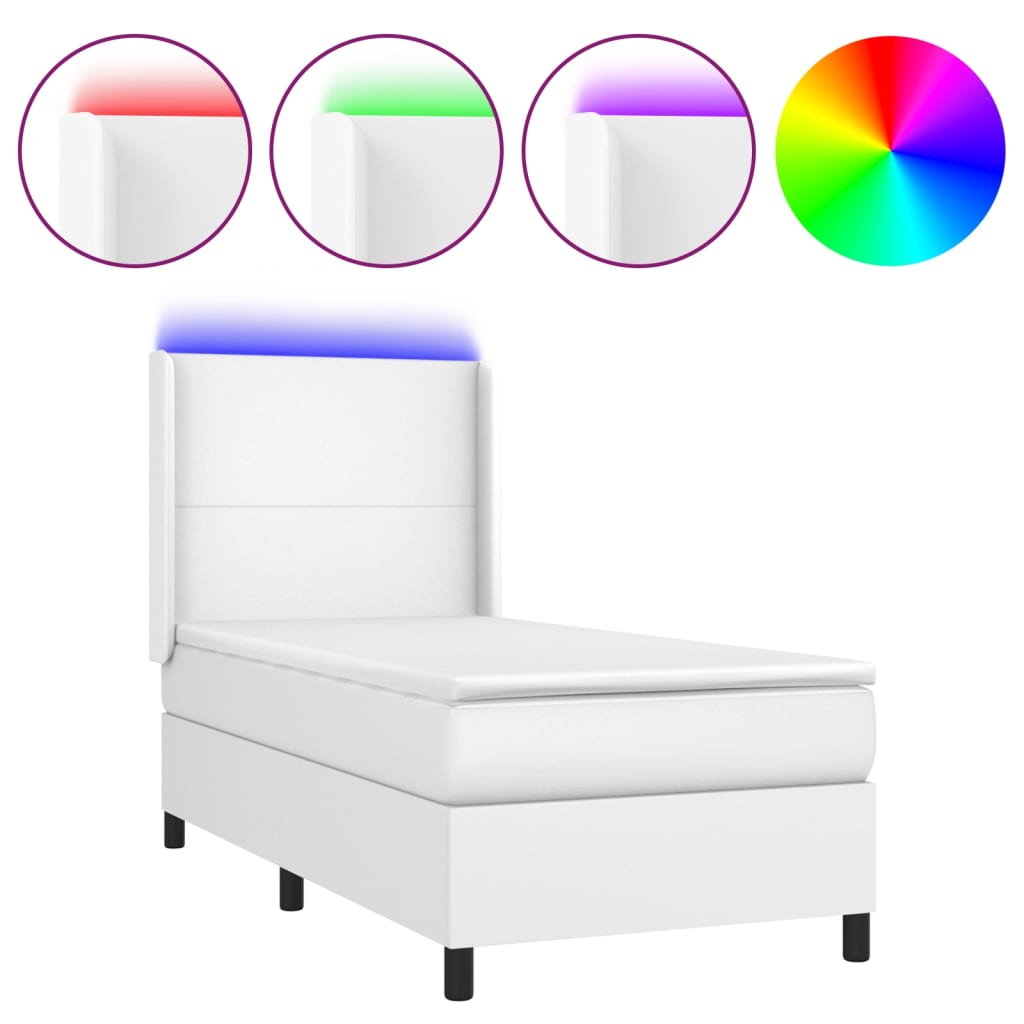vidaXL Łóżko kontynentalne z materacem i LED, biała ekoskóra 90x190 cm