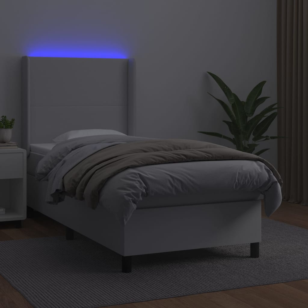 vidaXL Łóżko kontynentalne z materacem i LED, biała ekoskóra 90x190 cm