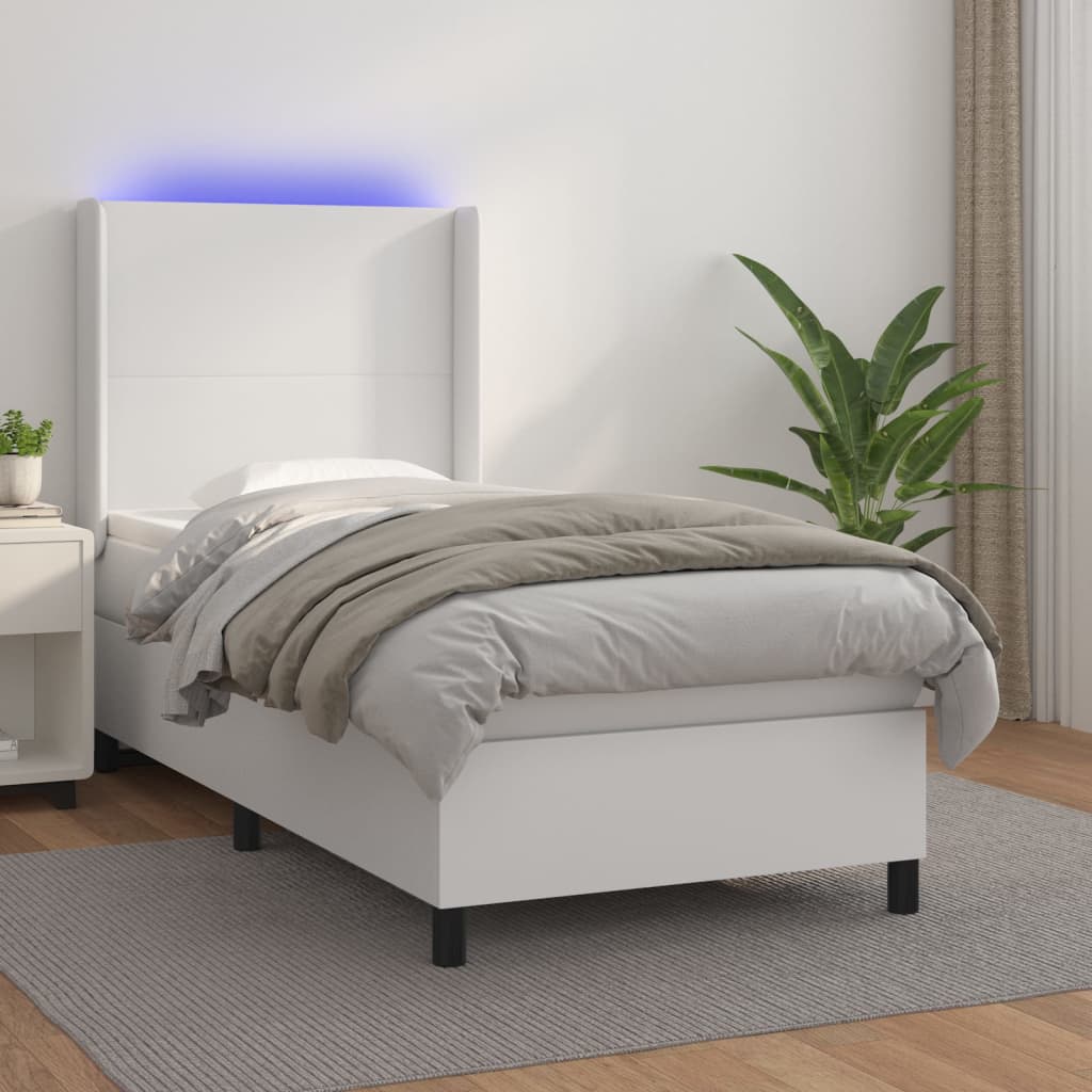 vidaXL Łóżko kontynentalne z materacem i LED, biała ekoskóra 90x190 cm