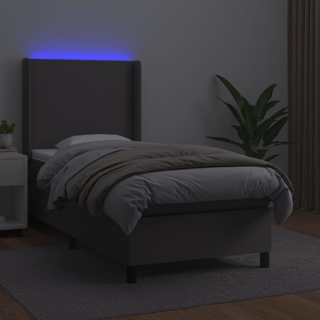 vidaXL Łóżko kontynentalne z materacem i LED, szara ekoskóra 90x200 cm