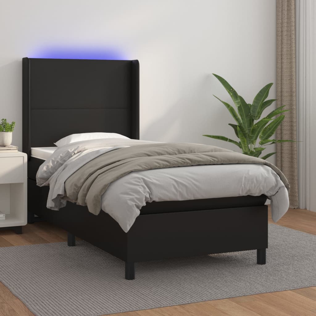 vidaXL Łóżko kontynentalne z materacem i LED czarna ekoskóra 100x200cm
