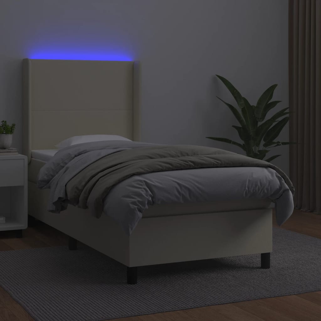 vidaXL Łóżko kontynentalne z LED, materac, kremowe, ekoskóra 100x200cm