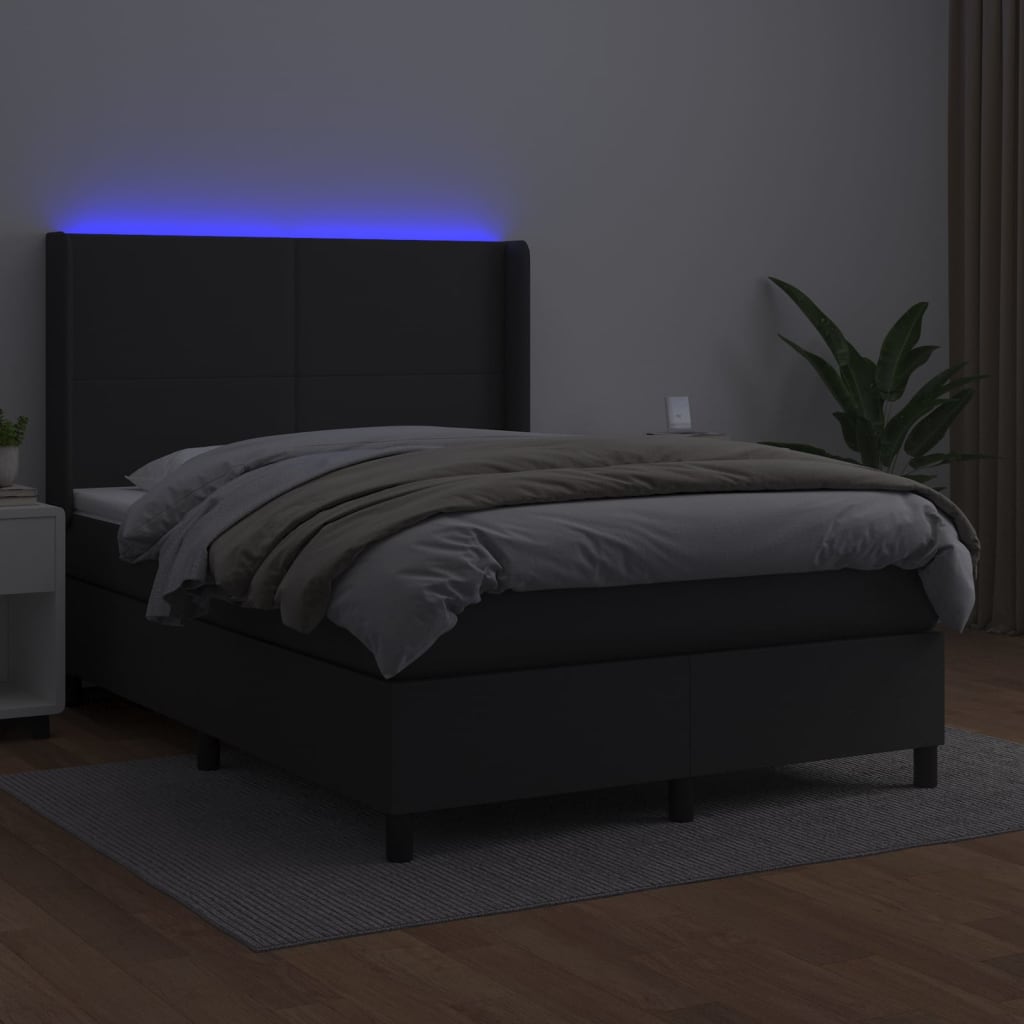 vidaXL Łóżko kontynentalne, materac i LED, czarna ekoskóra, 140x190 cm