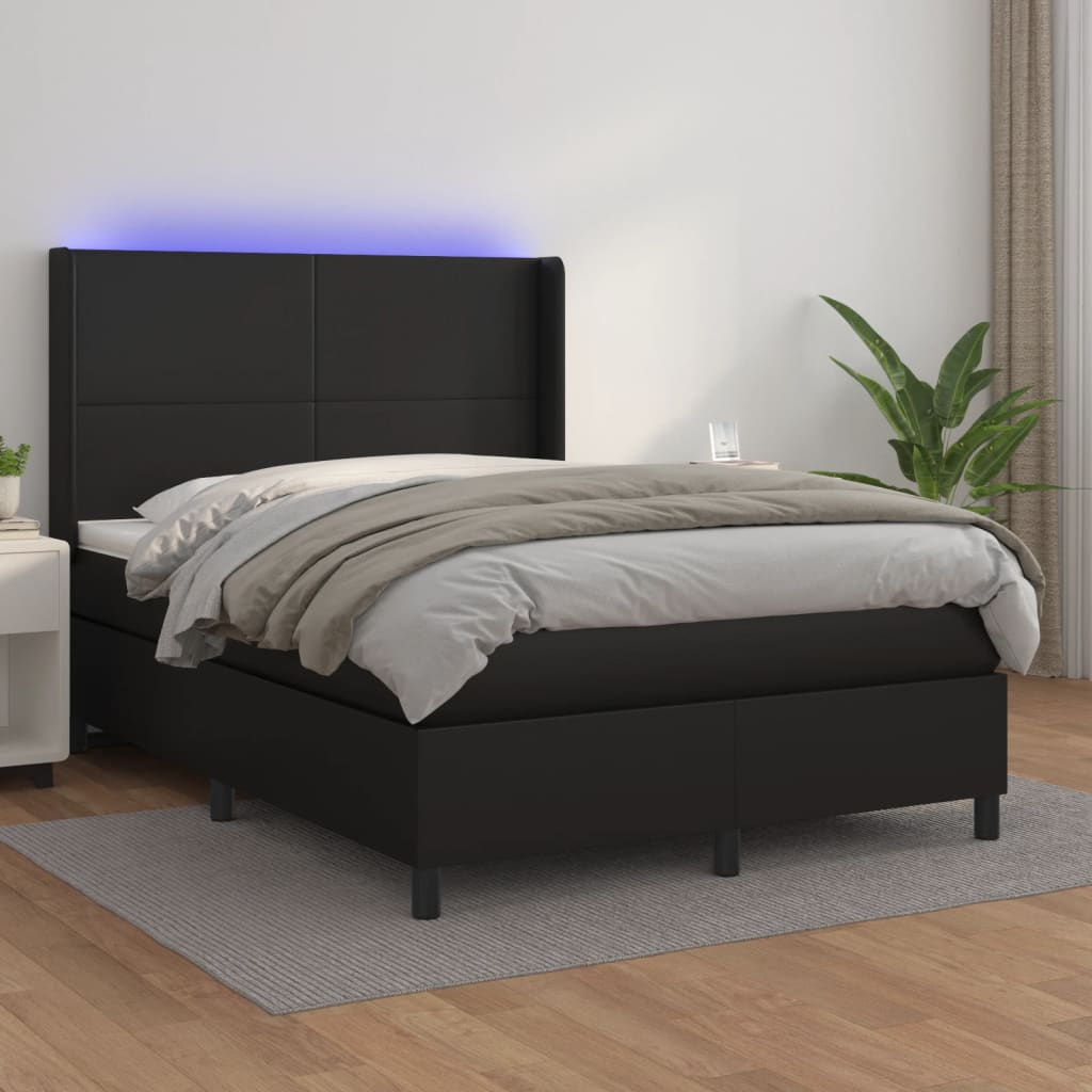 vidaXL Łóżko kontynentalne, materac i LED, czarna ekoskóra, 140x190 cm