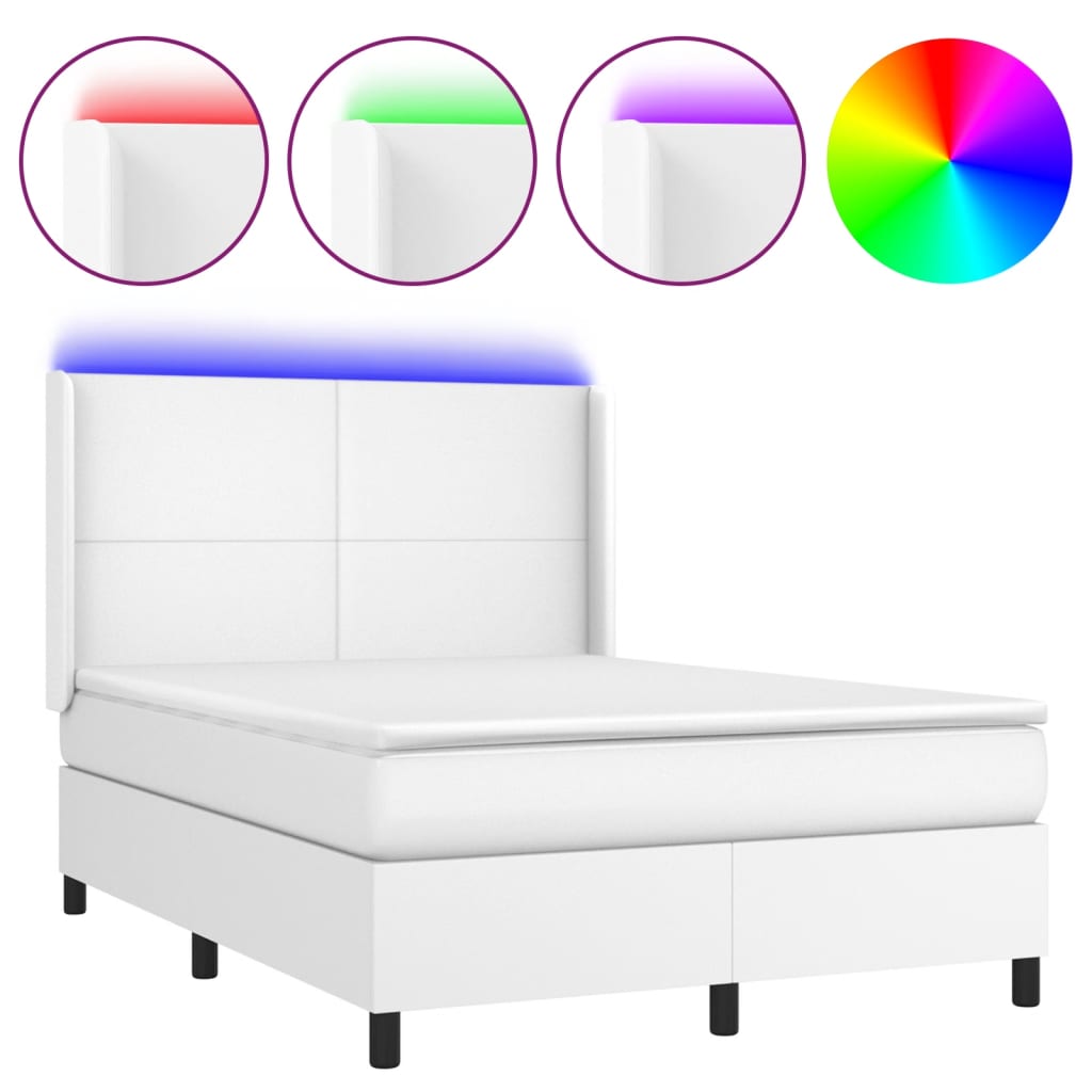 vidaXL Łóżko kontynentalne z materacem i LED, biała ekoskóra 140x190cm