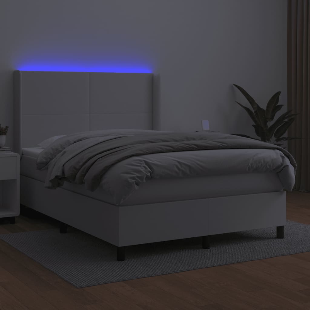 vidaXL Łóżko kontynentalne z materacem i LED, biała ekoskóra 140x190cm