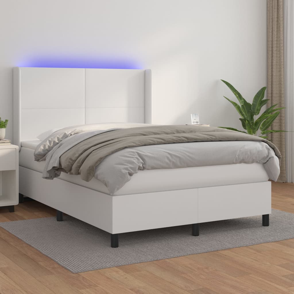 vidaXL Łóżko kontynentalne z materacem i LED, biała ekoskóra 140x190cm