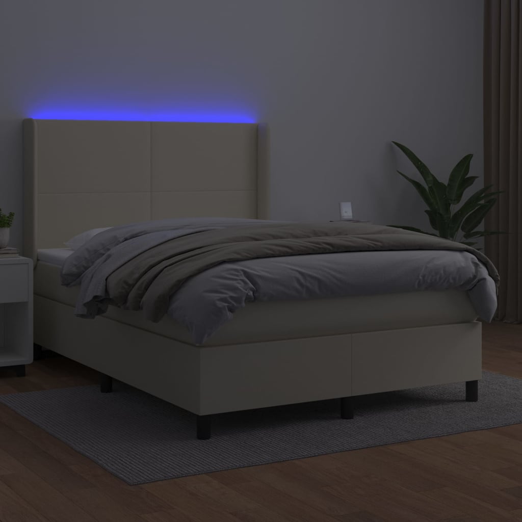 vidaXL Łóżko kontynentalne z LED, materac, kremowe, ekoskóra 140x190cm