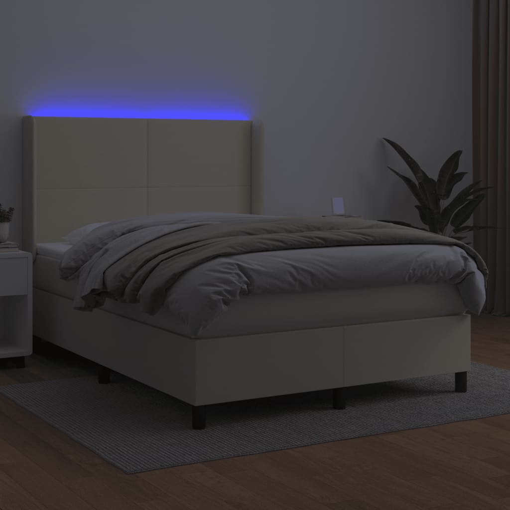 vidaXL Łóżko kontynentalne z LED, materac, kremowe, ekoskóra 140x200cm