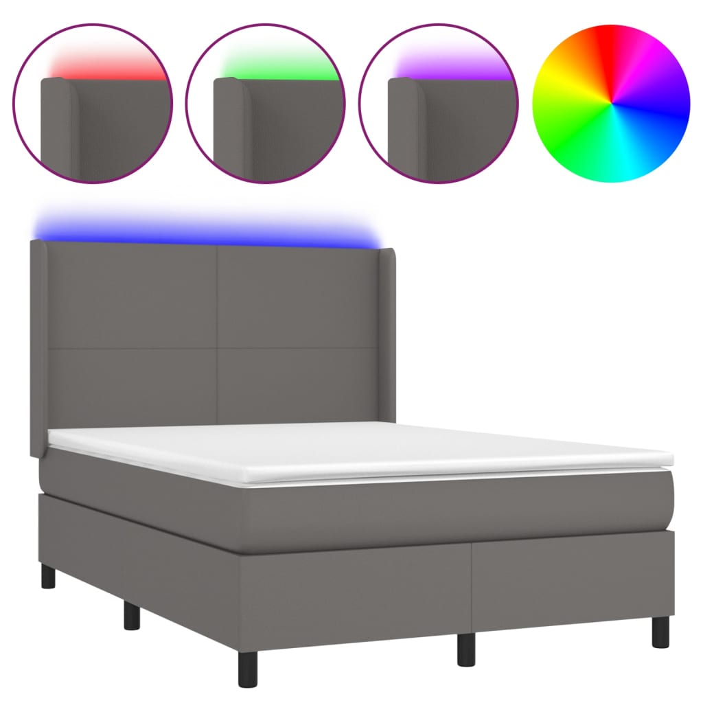 vidaXL Łóżko kontynentalne z materacem i LED, szara ekoskóra 140x200cm