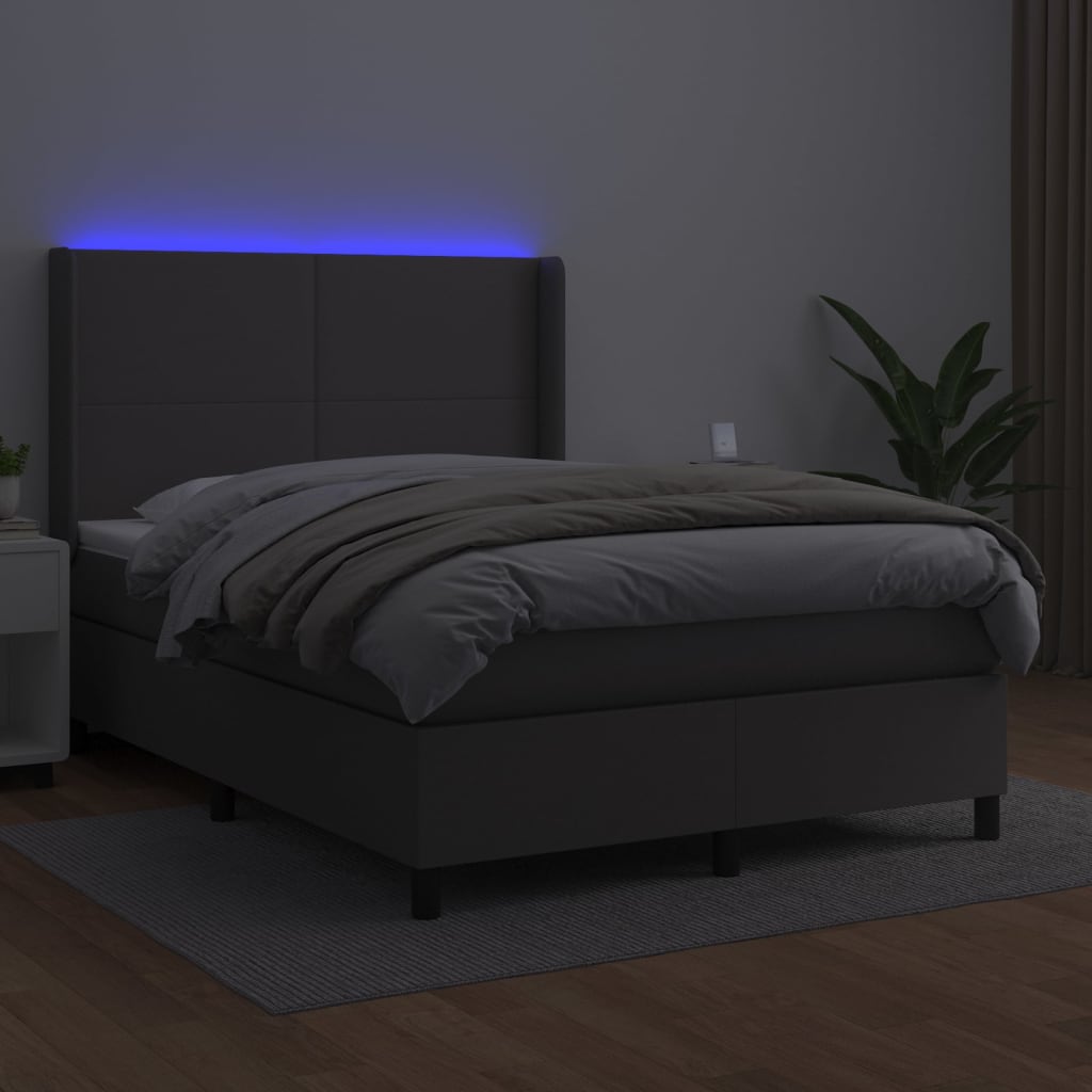vidaXL Łóżko kontynentalne z materacem i LED, szara ekoskóra 140x200cm