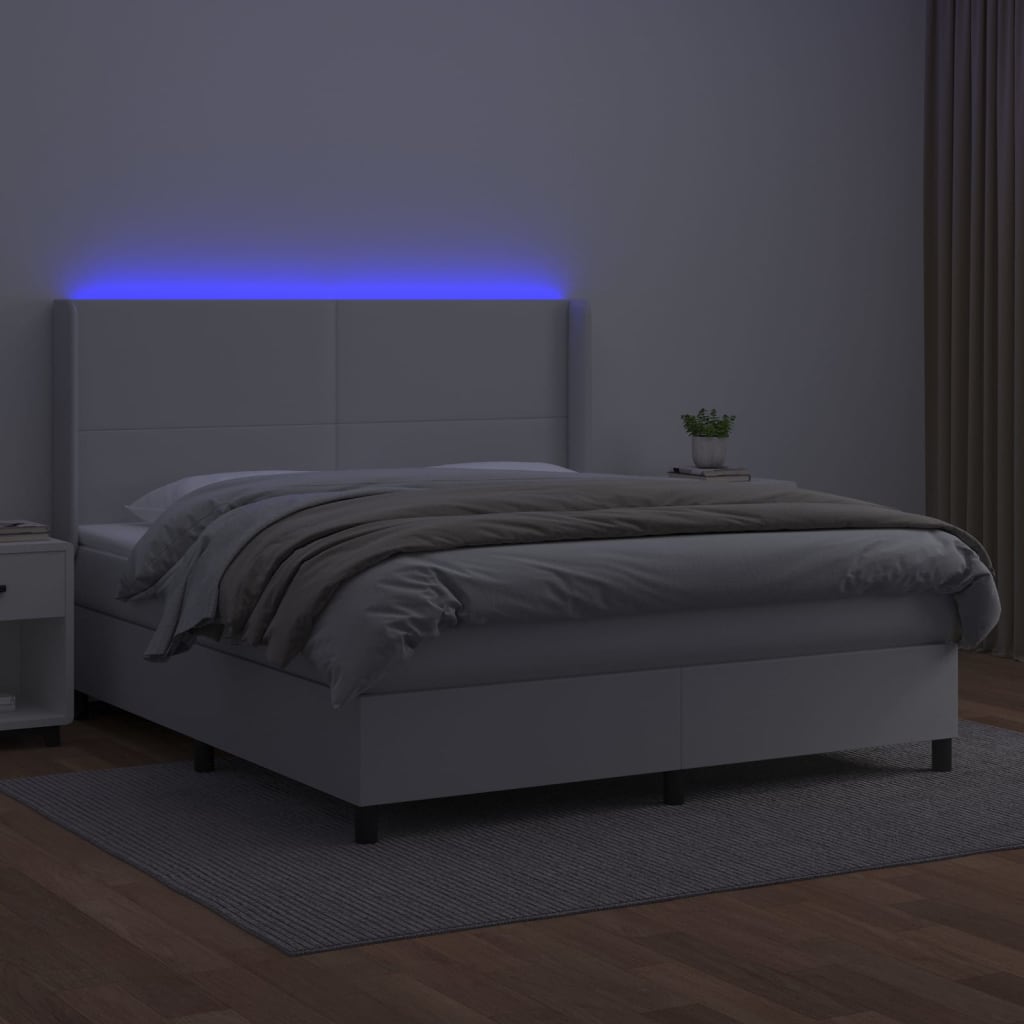 vidaXL Łóżko kontynentalne z materacem i LED, biała ekoskóra 160x200cm
