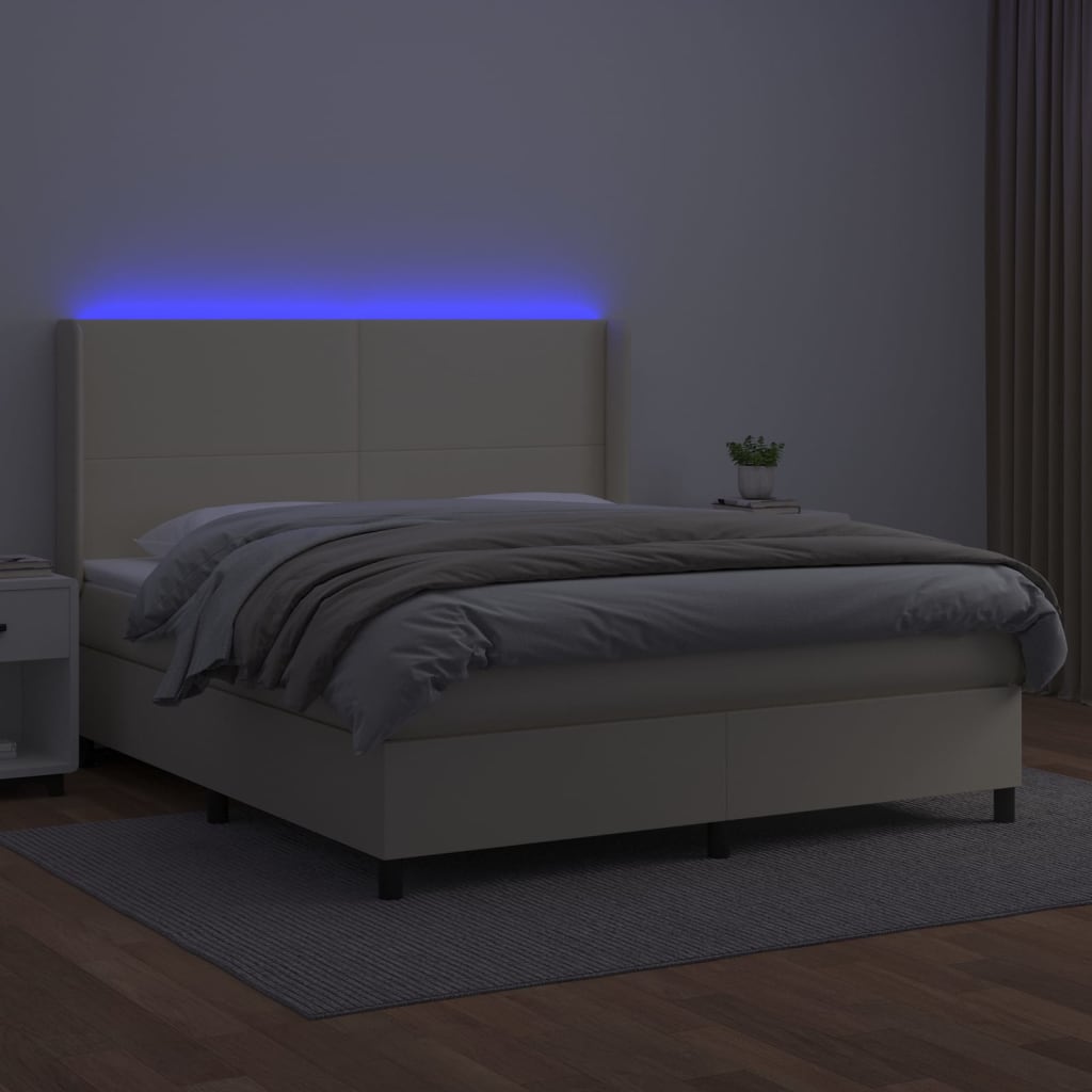 vidaXL Łóżko kontynentalne z LED, materac, kremowe, ekoskóra 160x200cm