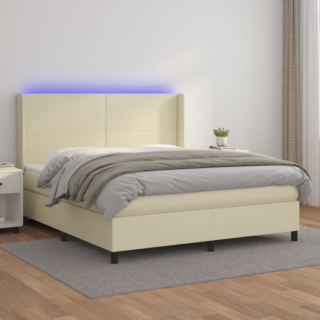 vidaXL Łóżko kontynentalne z LED, materac, kremowe, ekoskóra 160x200cm