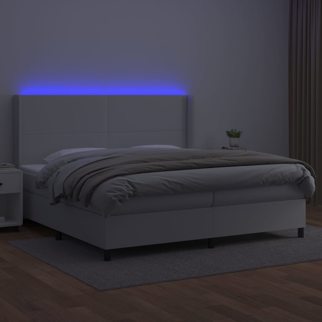 vidaXL Łóżko kontynentalne z materacem i LED, biała ekoskóra 200x200cm
