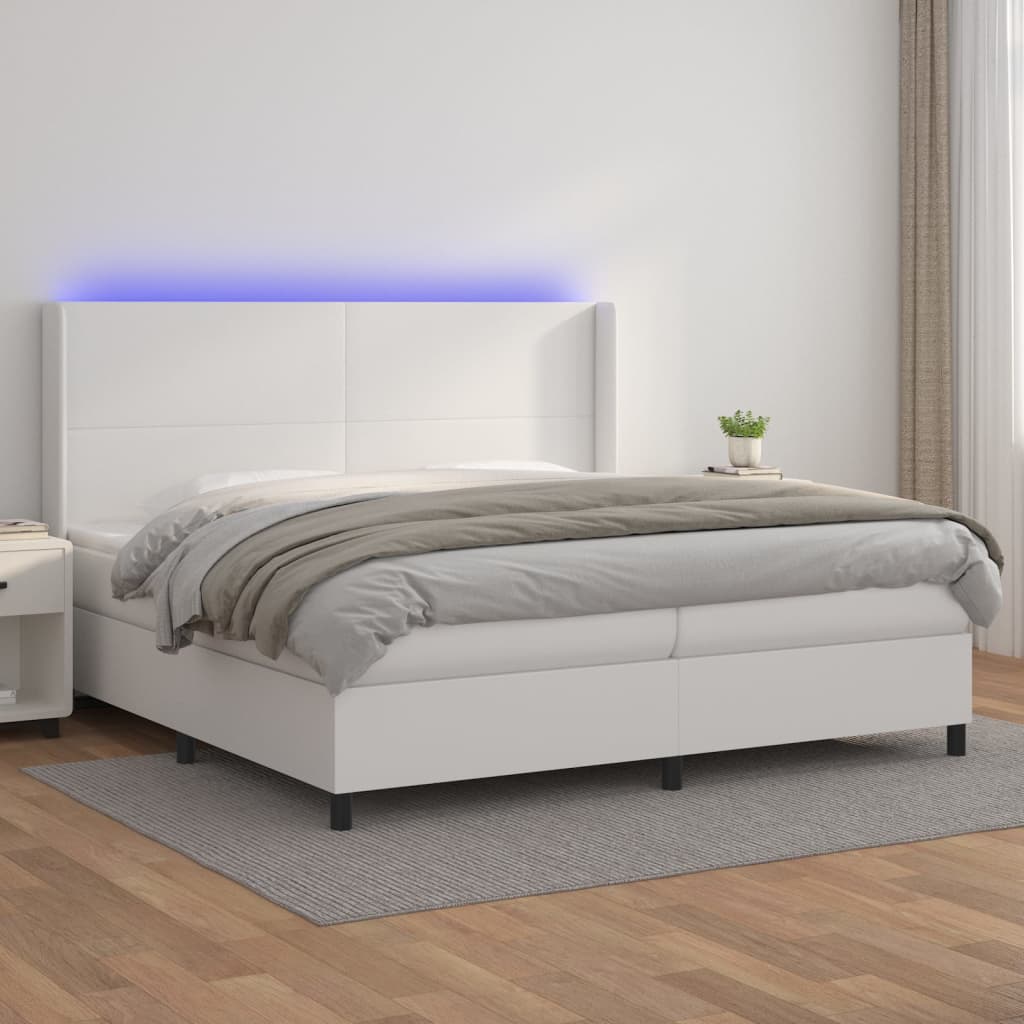vidaXL Łóżko kontynentalne z materacem i LED, biała ekoskóra 200x200cm