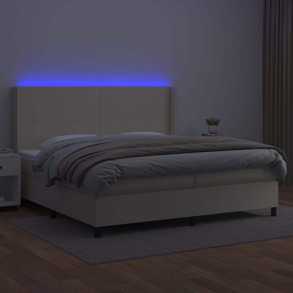vidaXL Łóżko kontynentalne z LED, materac, kremowe, ekoskóra 200x200cm