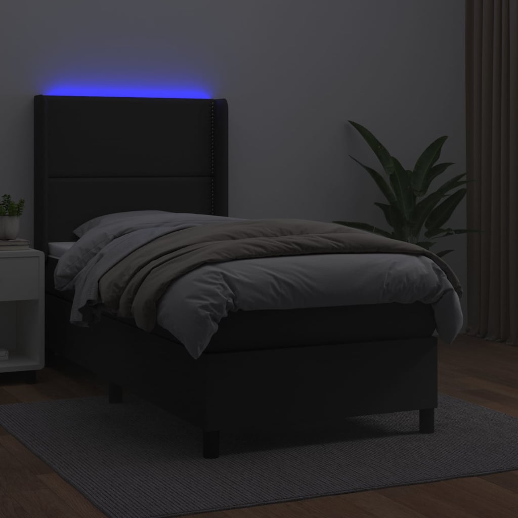 vidaXL Łóżko kontynentalne z materacem i LED czarna ekoskóra 90x190 cm