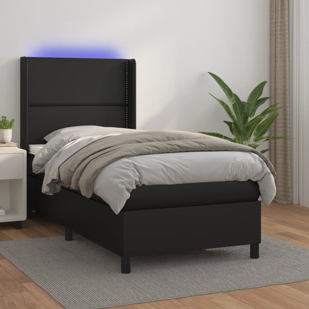 vidaXL Łóżko kontynentalne z materacem i LED czarna ekoskóra 90x190 cm