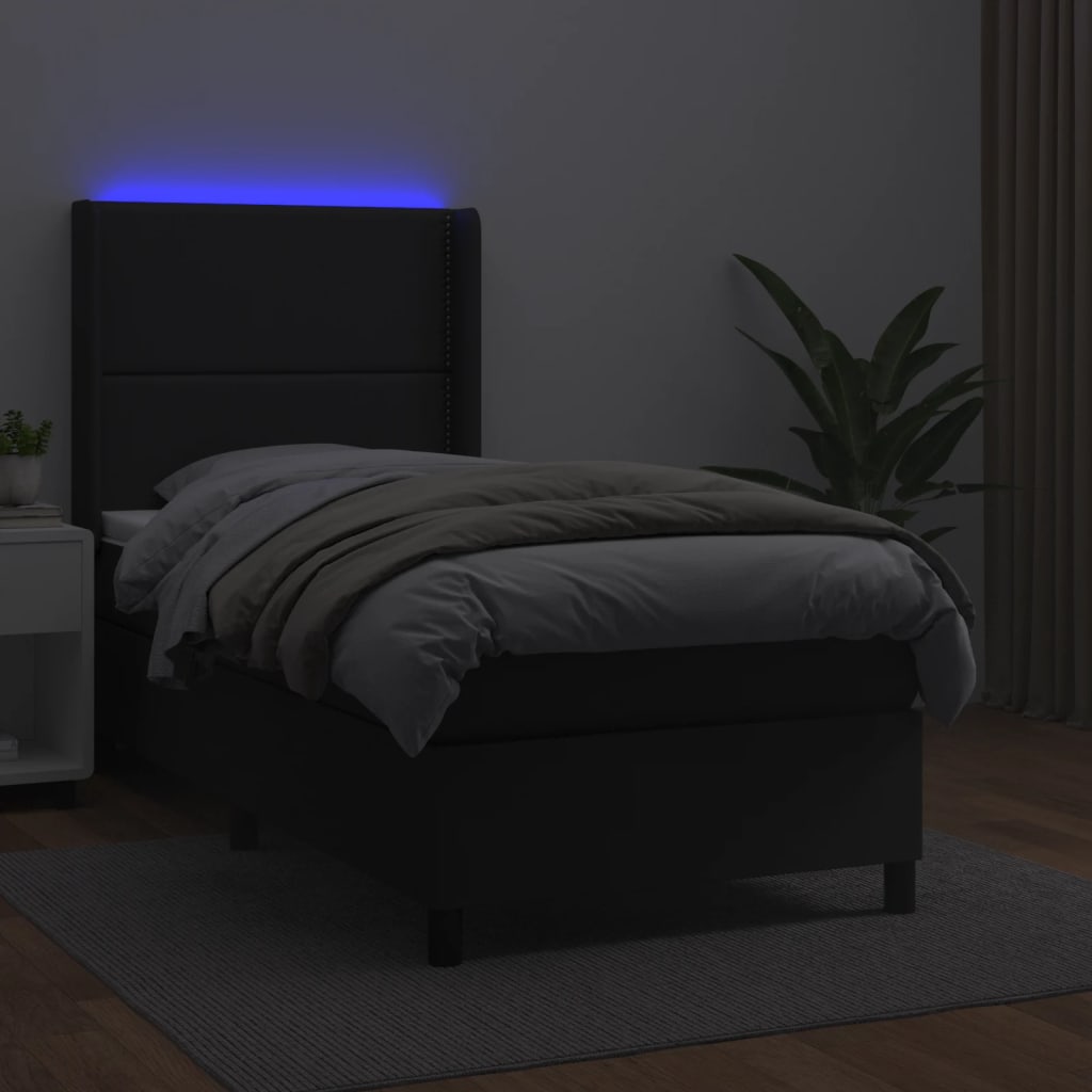 vidaXL Łóżko kontynentalne z materacem i LED czarna ekoskóra 90x200 cm