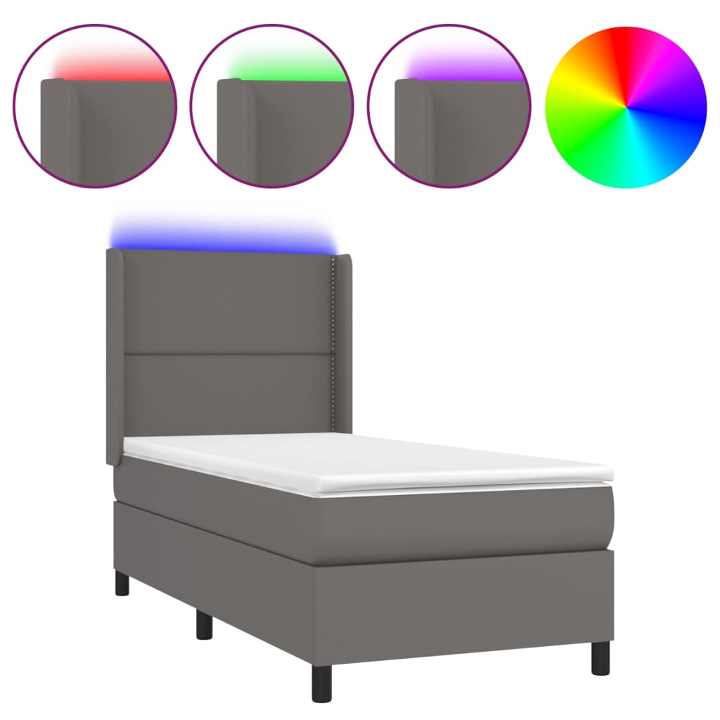 vidaXL Łóżko kontynentalne z materacem i LED, szara ekoskóra 90x200 cm