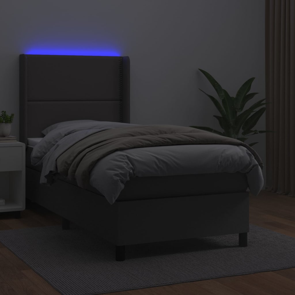 vidaXL Łóżko kontynentalne z materacem i LED, szara ekoskóra 90x200 cm