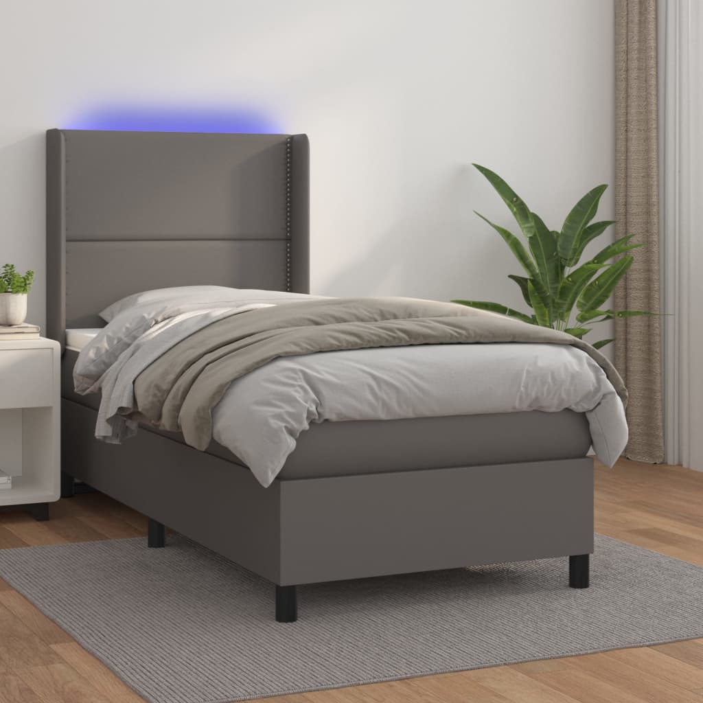 vidaXL Łóżko kontynentalne z materacem i LED, szara ekoskóra 90x200 cm