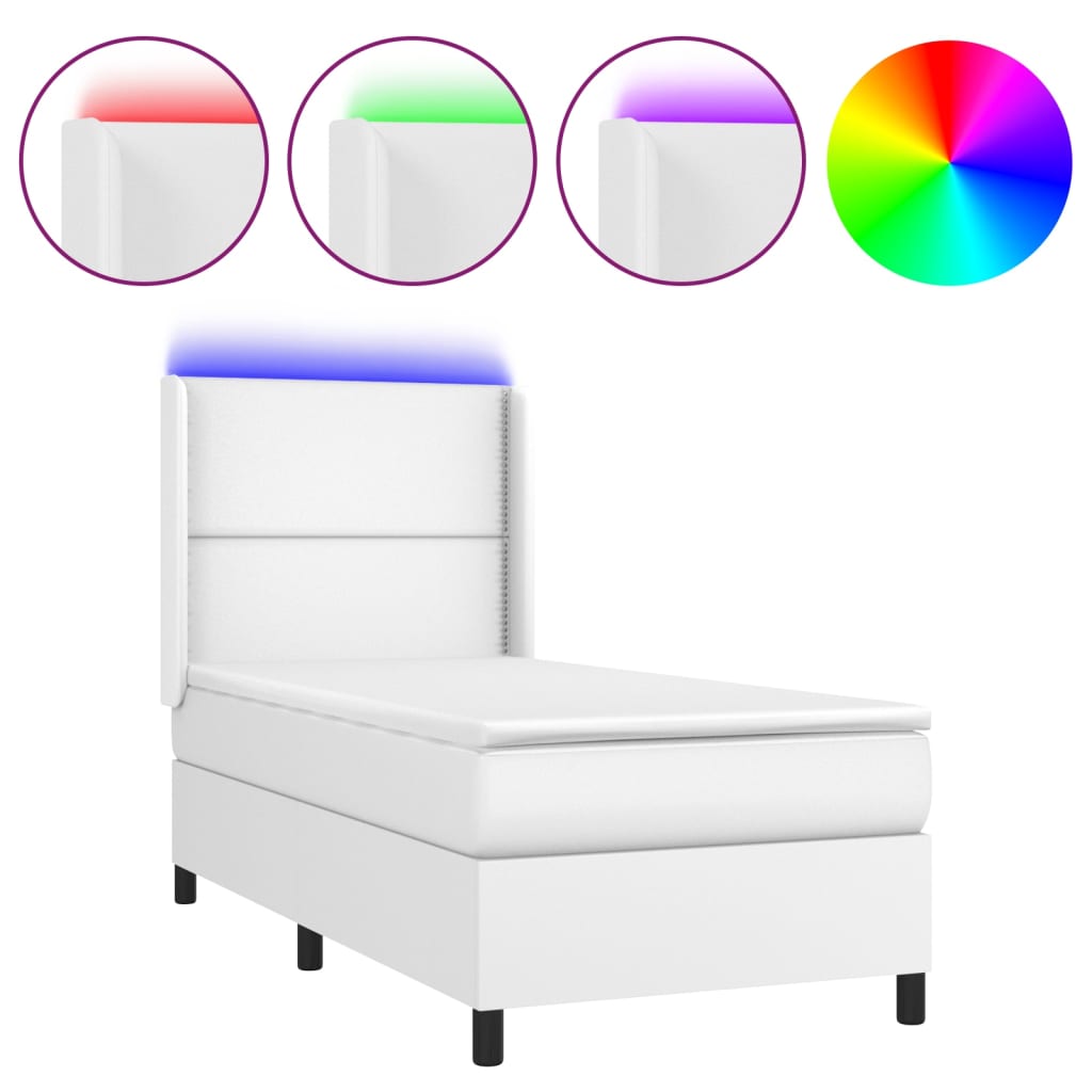 vidaXL Łóżko kontynentalne z materacem i LED, biała ekoskóra 100x200cm