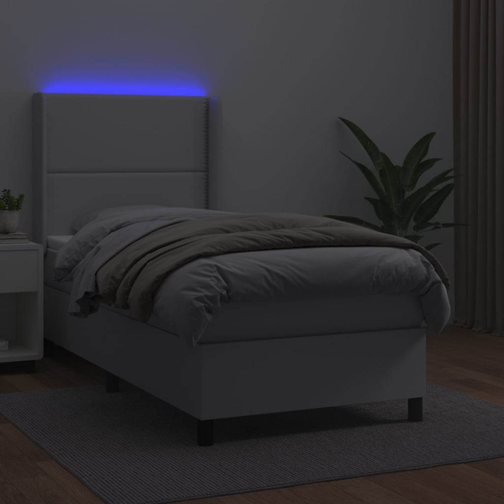 vidaXL Łóżko kontynentalne z materacem i LED, biała ekoskóra 100x200cm