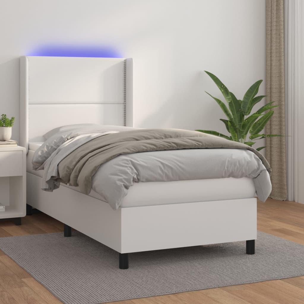 vidaXL Łóżko kontynentalne z materacem i LED, biała ekoskóra 100x200cm