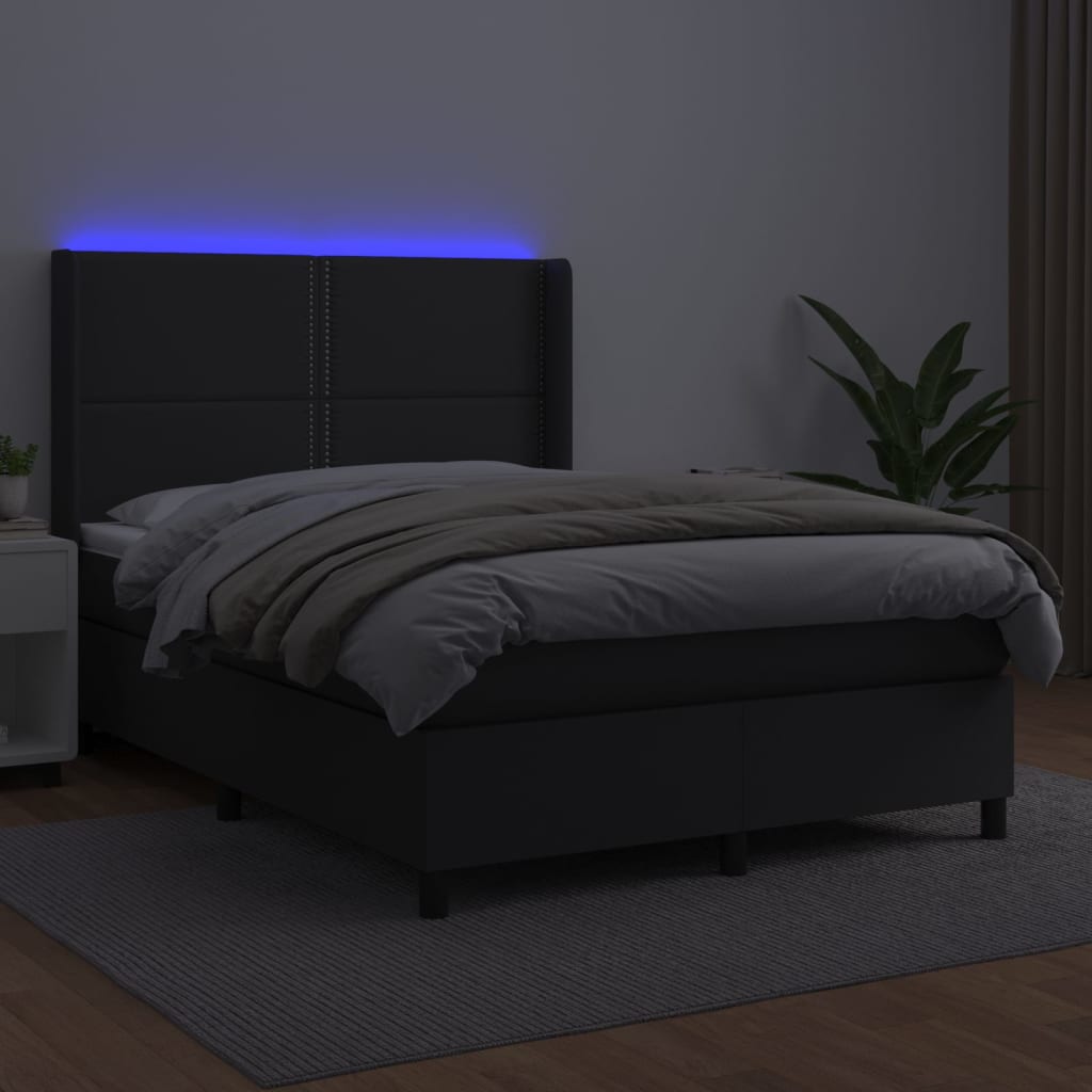 vidaXL Łóżko kontynentalne, materac i LED, czarna ekoskóra, 140x190 cm