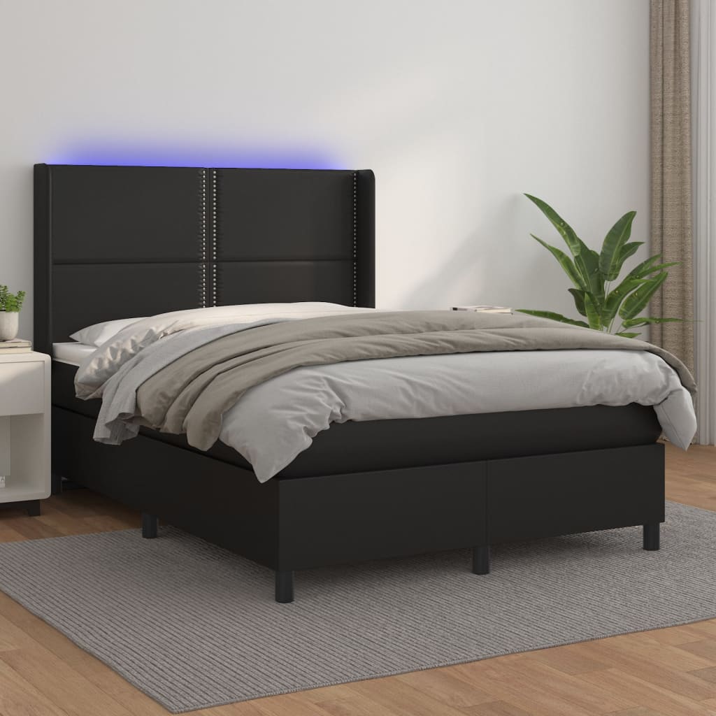 vidaXL Łóżko kontynentalne, materac i LED, czarna ekoskóra, 140x190 cm