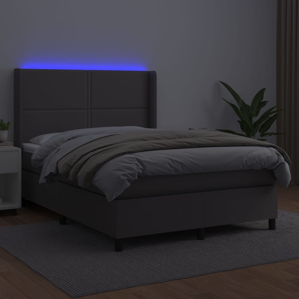 vidaXL Łóżko kontynentalne z materacem i LED, szara ekoskóra 140x190cm