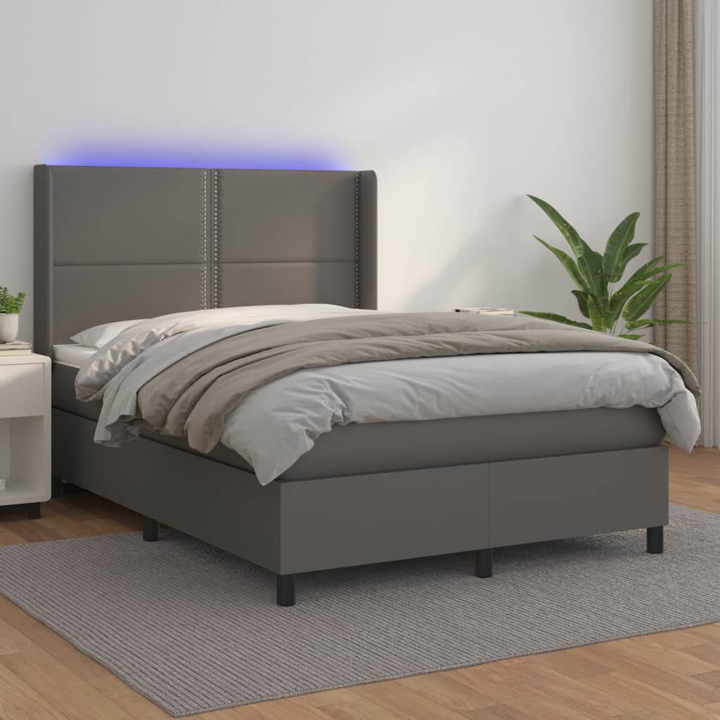 vidaXL Łóżko kontynentalne z materacem i LED, szara ekoskóra 140x190cm