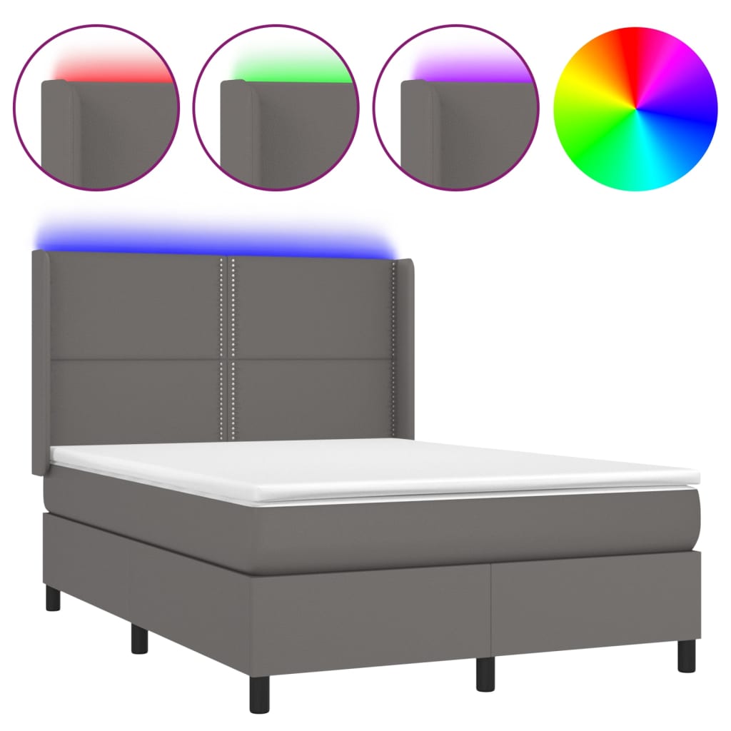 vidaXL Łóżko kontynentalne z materacem i LED, szara ekoskóra 140x200cm
