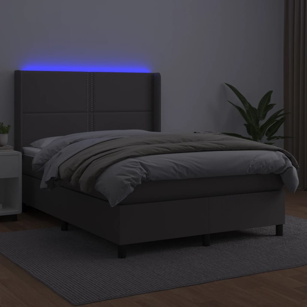 vidaXL Łóżko kontynentalne z materacem i LED, szara ekoskóra 140x200cm
