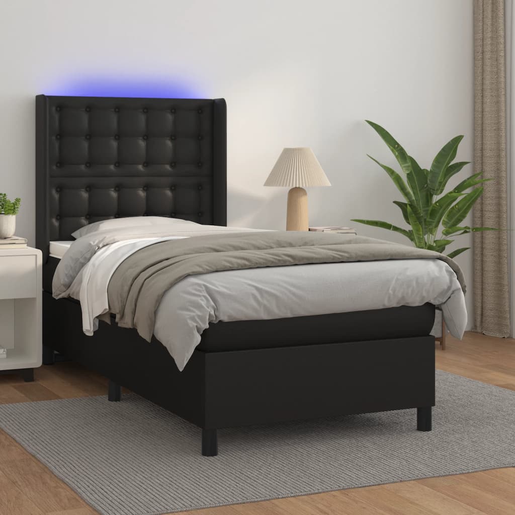 vidaXL Łóżko kontynentalne z materacem i LED czarna ekoskóra 80x200 cm