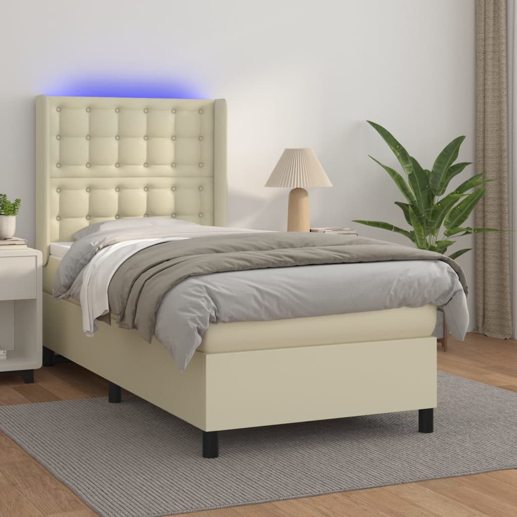 vidaXL Łóżko kontynentalne z LED, materac, kremowe, ekoskóra 80x200 cm