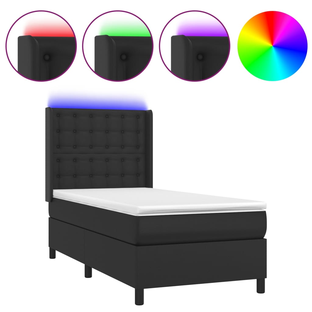 vidaXL Łóżko kontynentalne z materacem i LED czarna ekoskóra 90x190 cm
