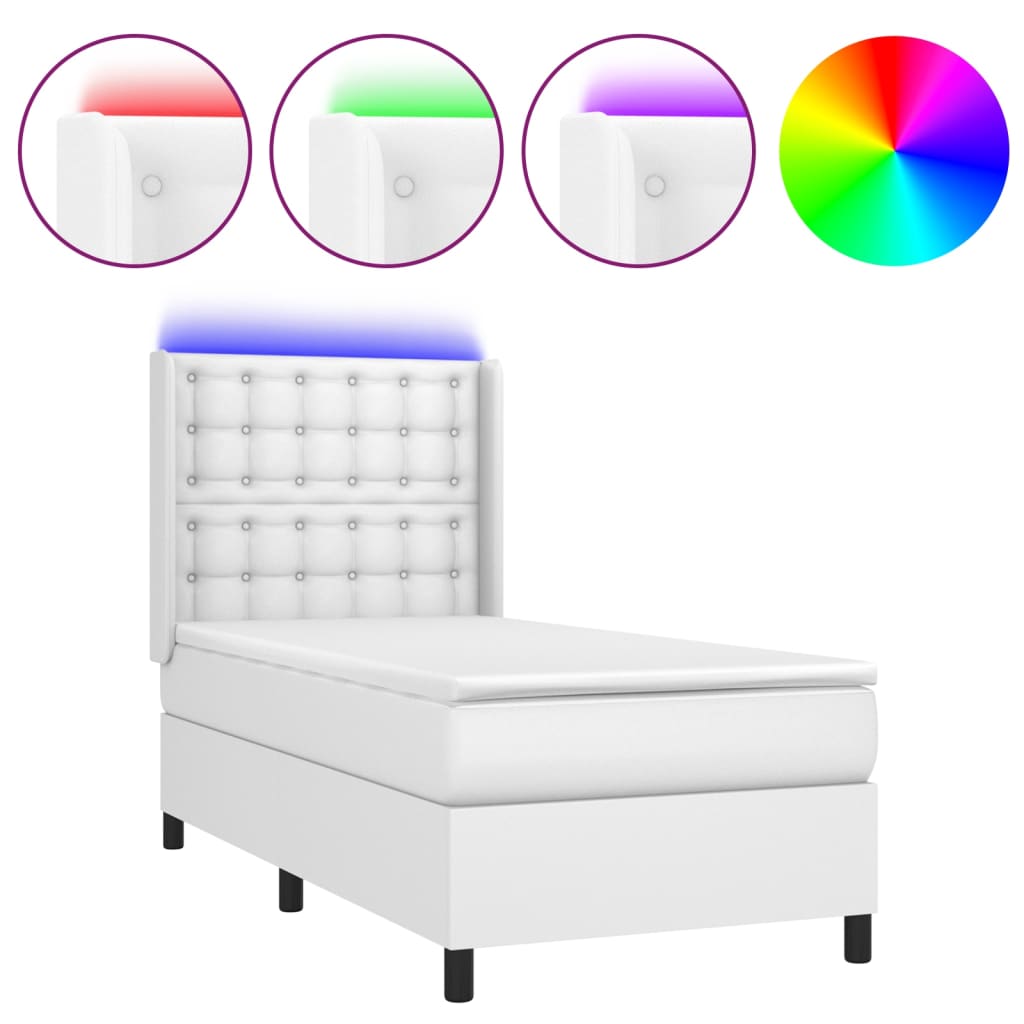 vidaXL Łóżko kontynentalne z materacem i LED, biała ekoskóra 90x190 cm