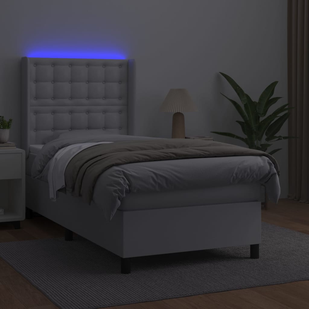 vidaXL Łóżko kontynentalne z materacem i LED, biała ekoskóra 90x190 cm