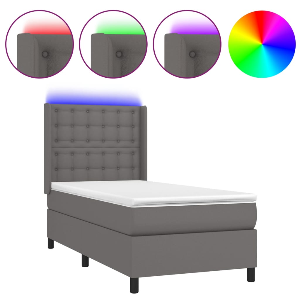 vidaXL Łóżko kontynentalne z materacem i LED, szara ekoskóra 90x190 cm