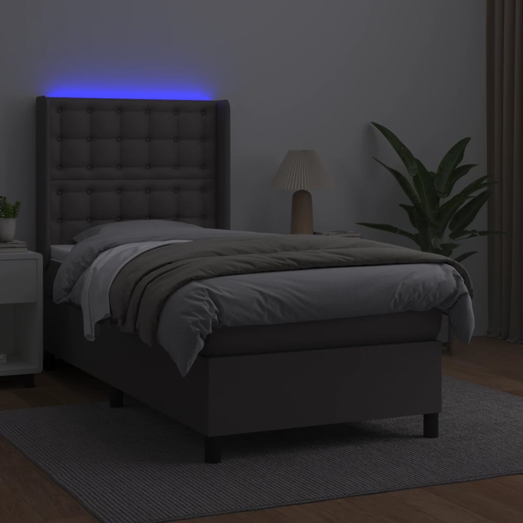 vidaXL Łóżko kontynentalne z materacem i LED, szara ekoskóra 90x190 cm