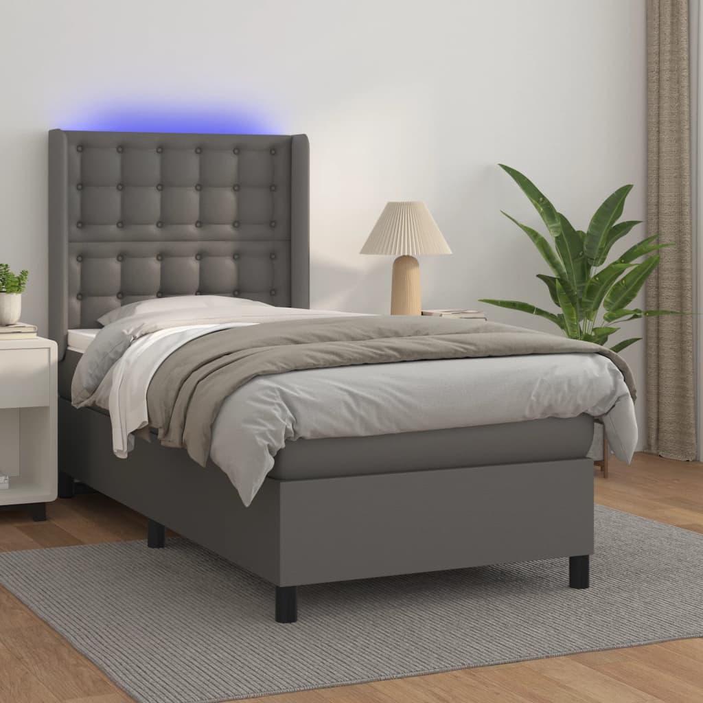 vidaXL Łóżko kontynentalne z materacem i LED, szara ekoskóra 90x190 cm