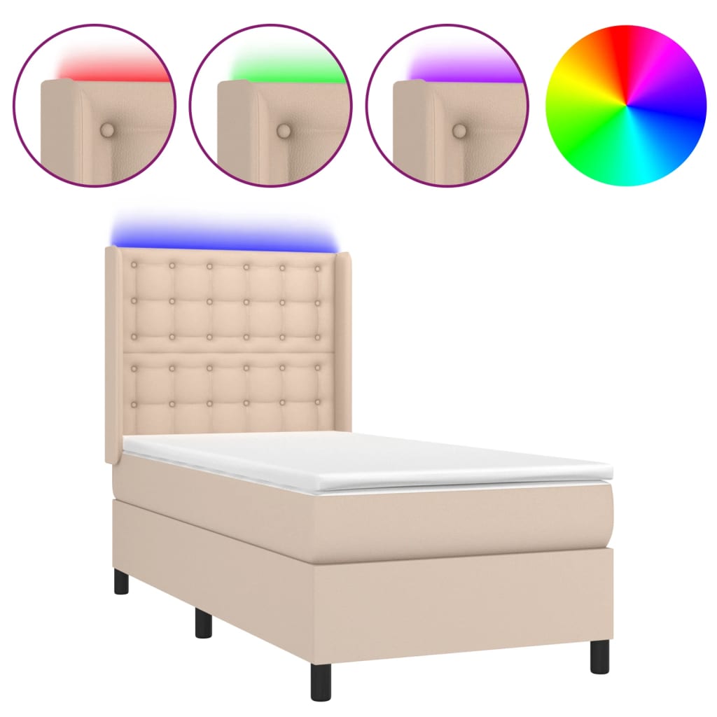 vidaXL Łóżko kontynentalne, materac i LED cappuccino ekoskóra 90x190cm